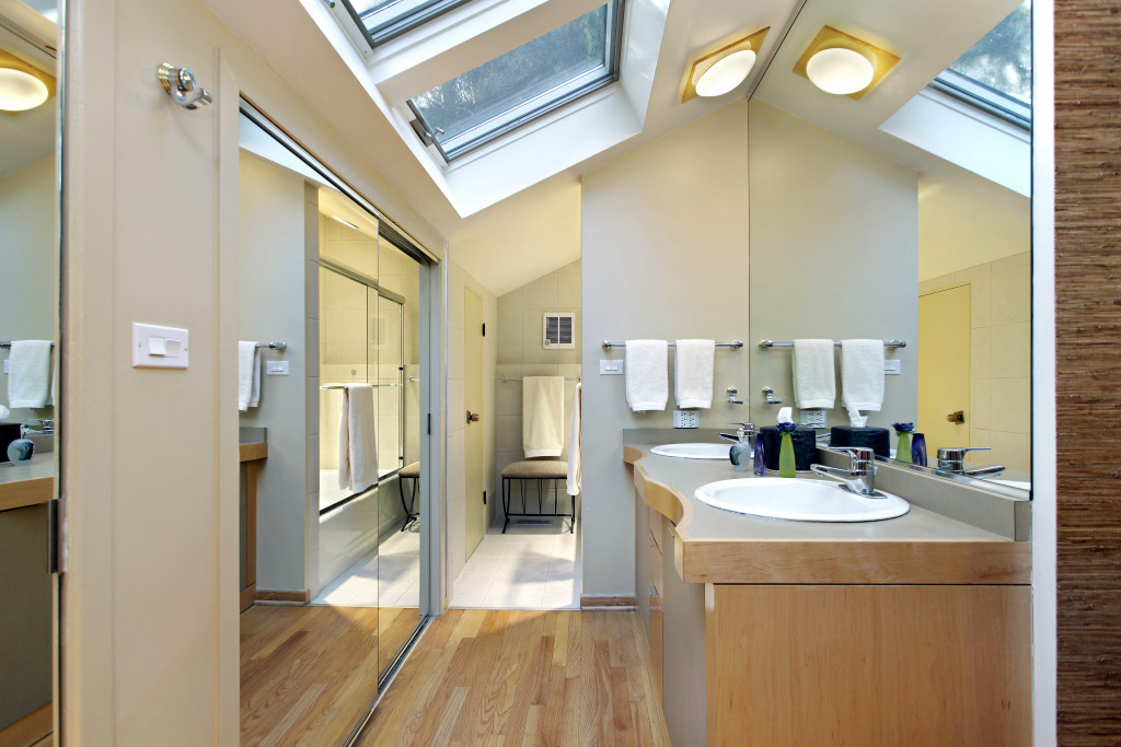 master bathroom with skylights